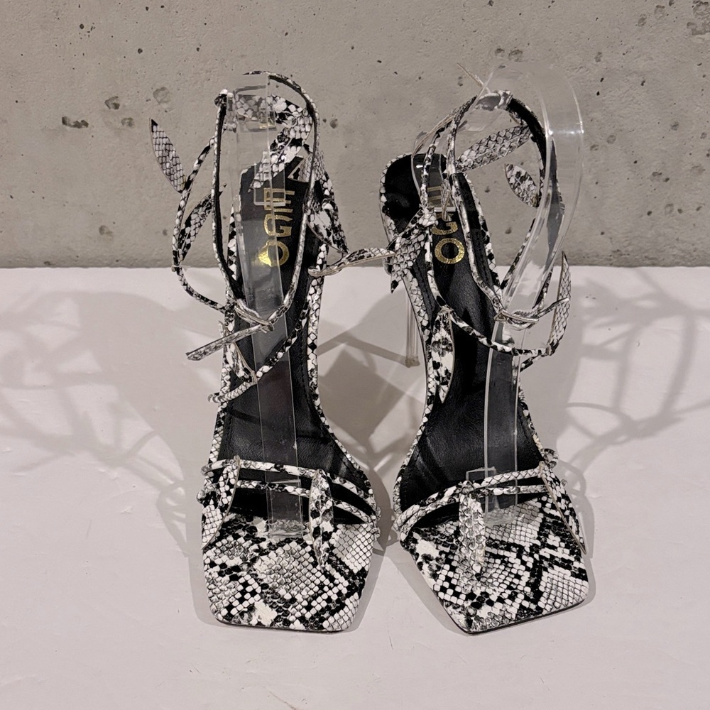 EGO Black and White Snakeskin Strappy Stiletto Heels - Size 7 - Picture 1 of 7